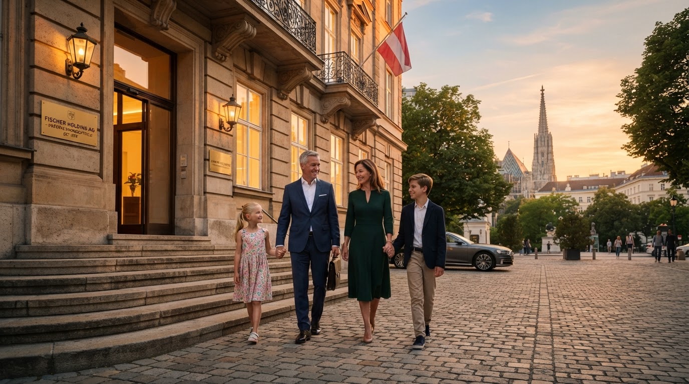 Der Unternehmer verlässt am Abend mit seiner Familie zufrieden den Betrieb