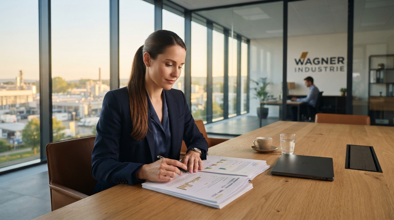 Unternehmerin sitzt morgens alleine am Besprechungstisch